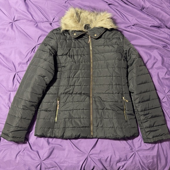 Gray Quilted Hooded Puffer Parka Womens Large Warm Winter Faux Fur Coat - Picture 2 of 7